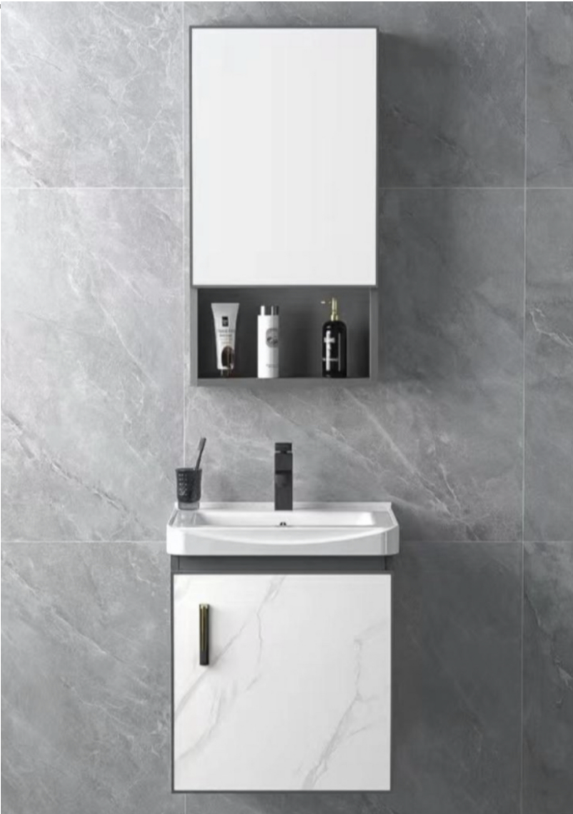Modern Wall-Mounted Bathroom Vanity with Sink | White Marble Finish, Gold Handle & Black Faucet | Minimalist Storage Cabinet for Elegant Interiors